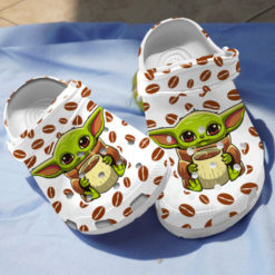 Baby Yoda And Coffee Cup Clog Shoes - Clog Shoes - White