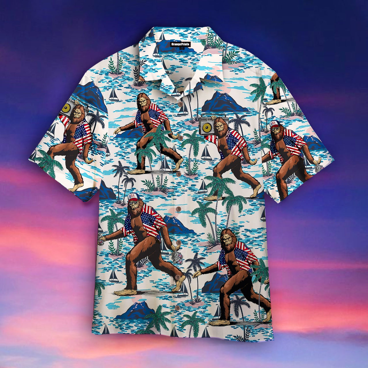 Bigfoot American Flag Hawaiian Shirt - Short-Sleeve Hawaiian Shirt - Blue