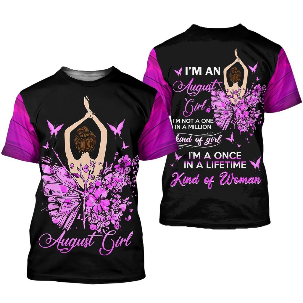 Butterfly August Girl Birthday Gift 3D All Over Print Shirt - 3D T-Shirt - Purple