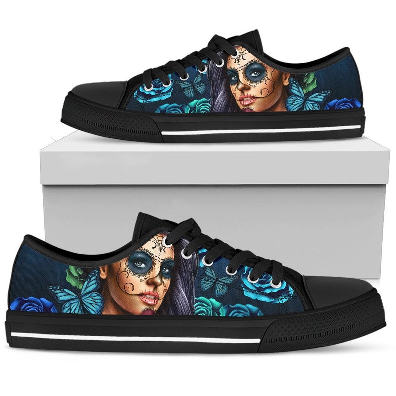 Butterfly Day of the Dead Sugar Skulls Sugar Skull Low Top Shoes For Women - Women's Shoes - Turquoise- Black Sole