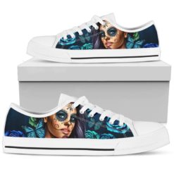 Butterfly Day of the Dead Sugar Skulls Sugar Skull Low Top Shoes For Women - Women's Shoes - Turquoise- White Sole