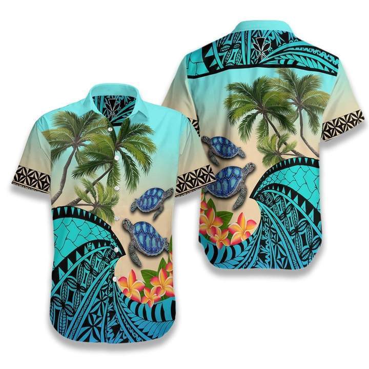 Coconut Tree 3D Turtle Tropical Hawaiian Shirt - Short-Sleeve Hawaiian Shirt - Blue