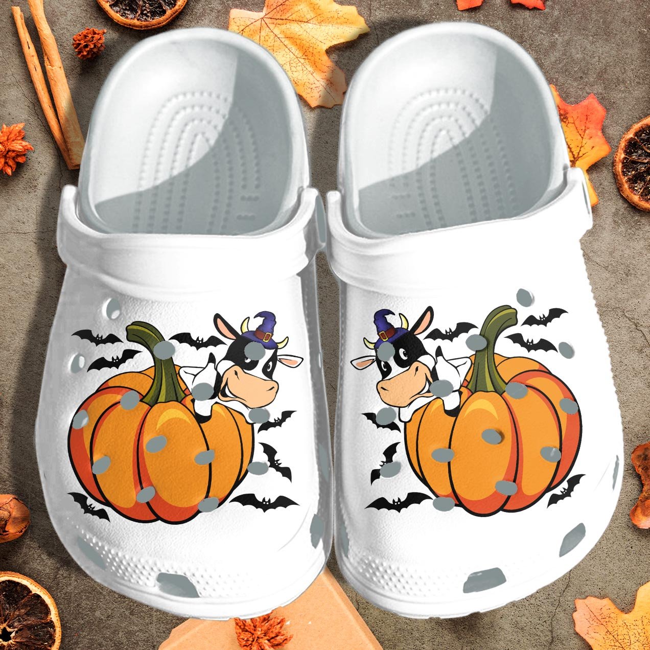 Cow And Pumpkin Halloween Clog Shoes - Clog Shoes - White