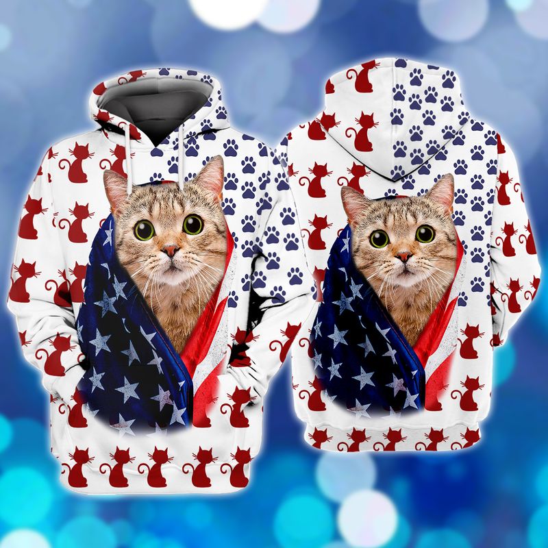 Cute Cat American Flag Cat Lover All Over Print 3D Hoodie - 3D Hoodie - White
