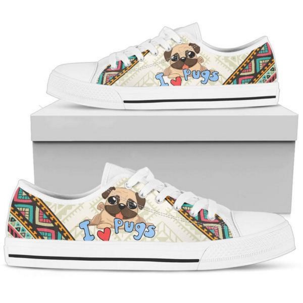 Cute Dog I Love Pug Low Top Shoes For Men And Women - Women's Shoes - White