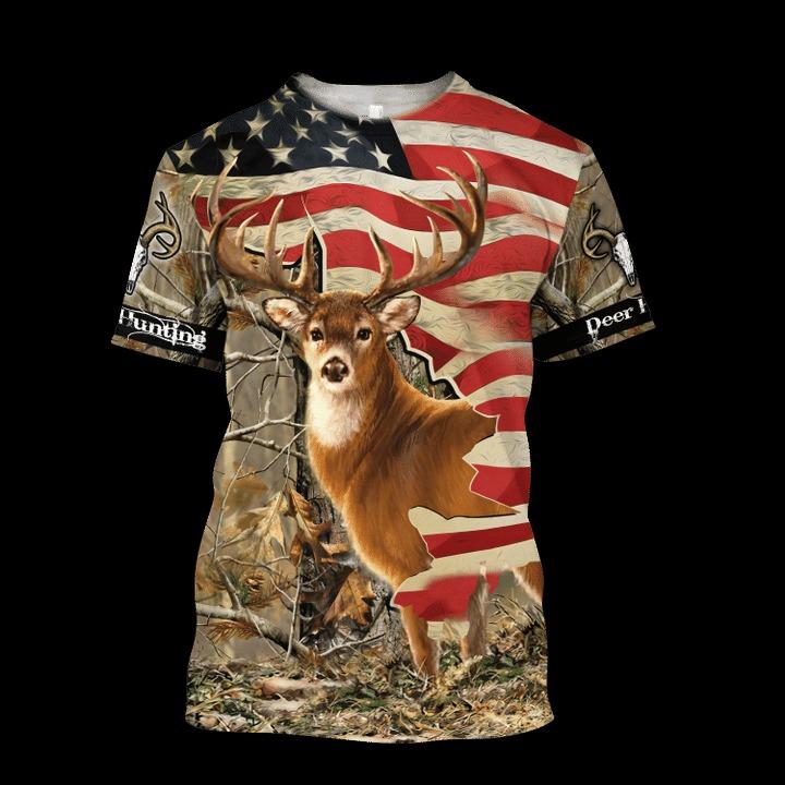 Deer Hunting America Flag 3D All Over Print Shirt - 3D T-Shirt - Red