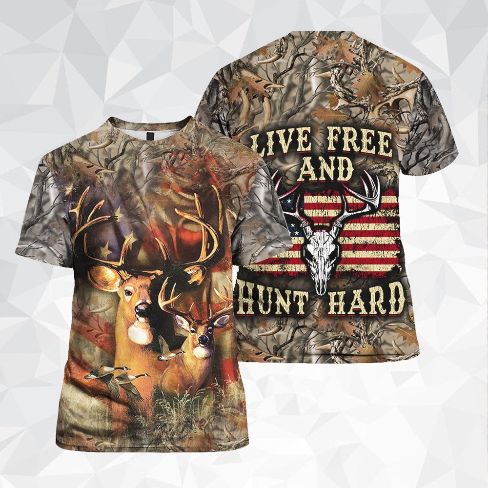 Deer Hunting Live Free And Hunt Hard 3D All Over Print Shirt - 3D T-Shirt - Red