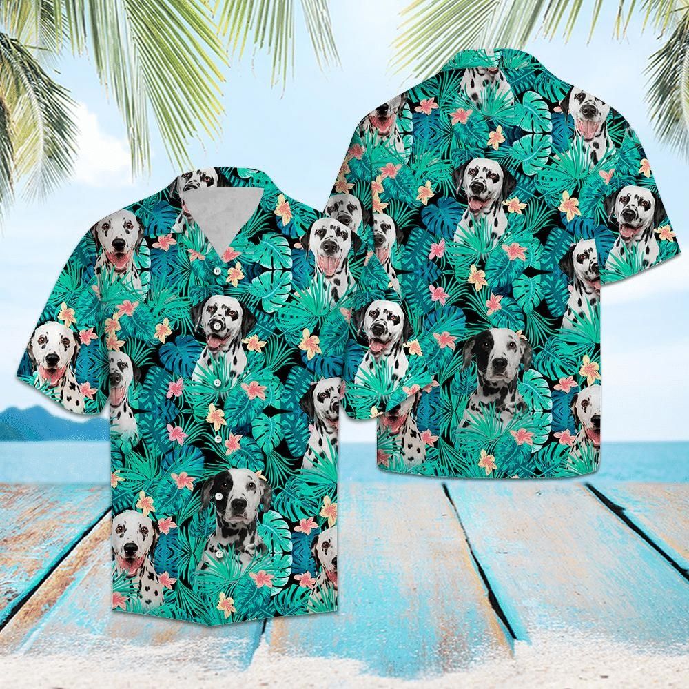 Dog Lover Dalmatian Tropical Aloha Hawaiian Shirt - Short-Sleeve Hawaiian Shirt - Blue