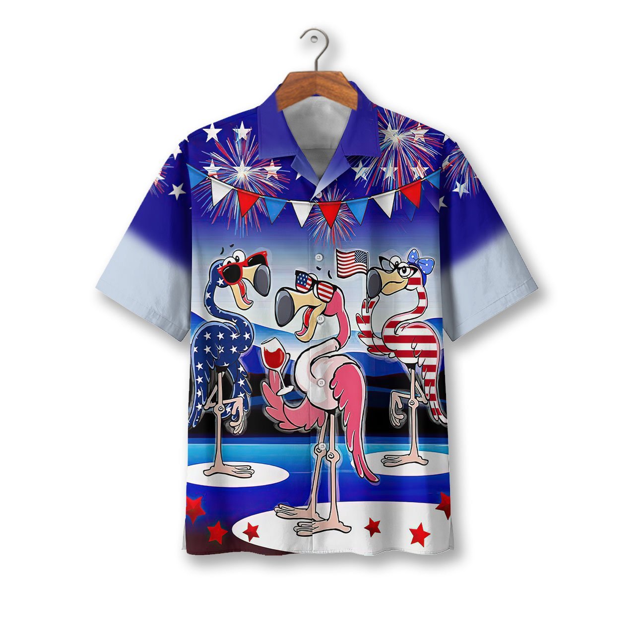 Flamingo Independence Day Party Hawaiian Shirt - Short-Sleeve Hawaiian Shirt - Blue