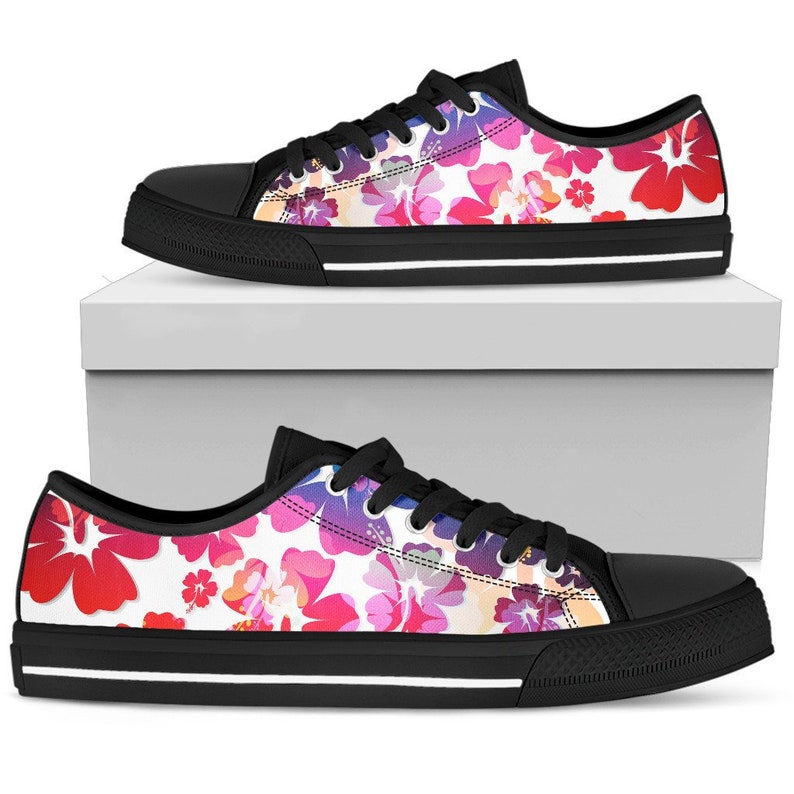 Flowers Floral Red Pink Purple Low Top Shoes For Men And Women - Men's Shoes - Black