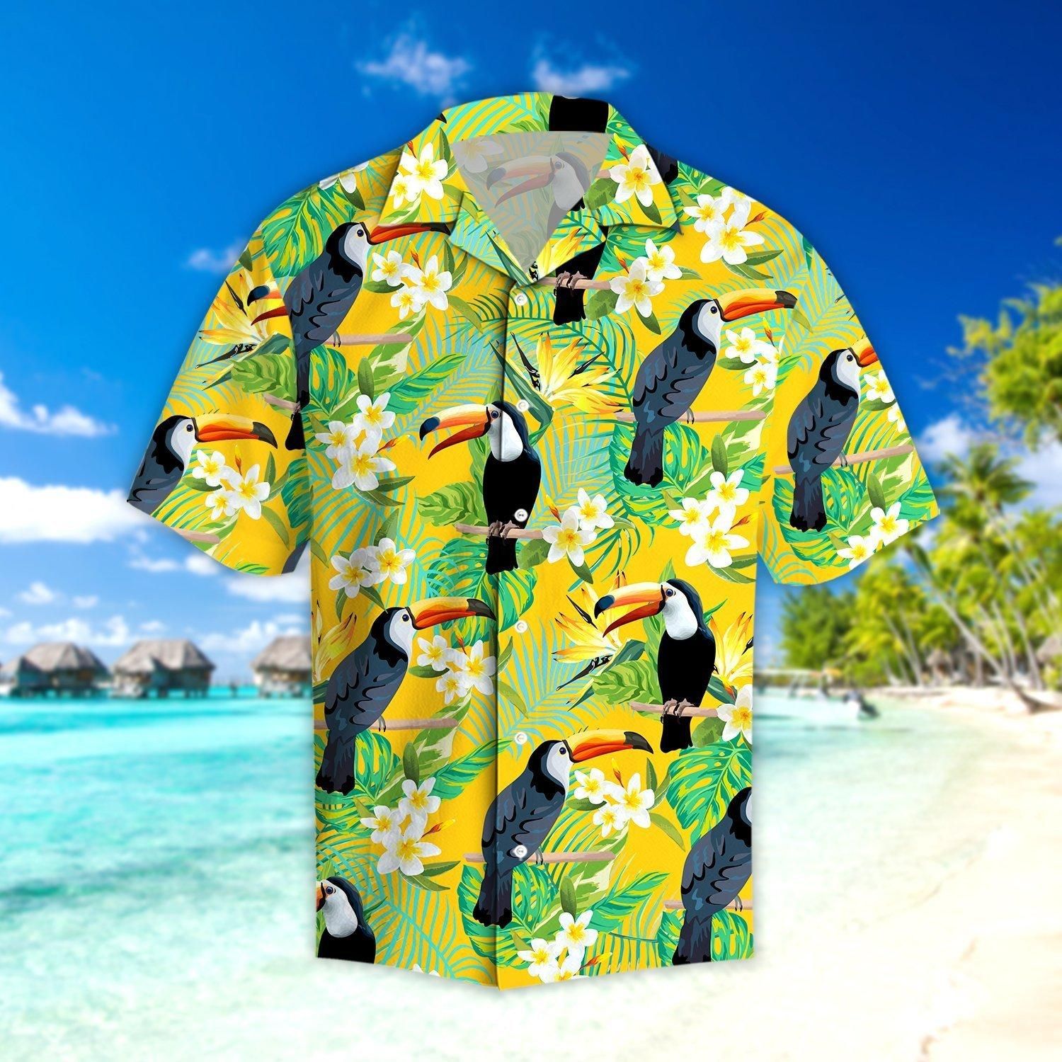Happy Summer Parrots Hibiscus Tropical Aloha Hawaiian Shirt. Cute, - Short-Sleeve Hawaiian Shirt - Yellow