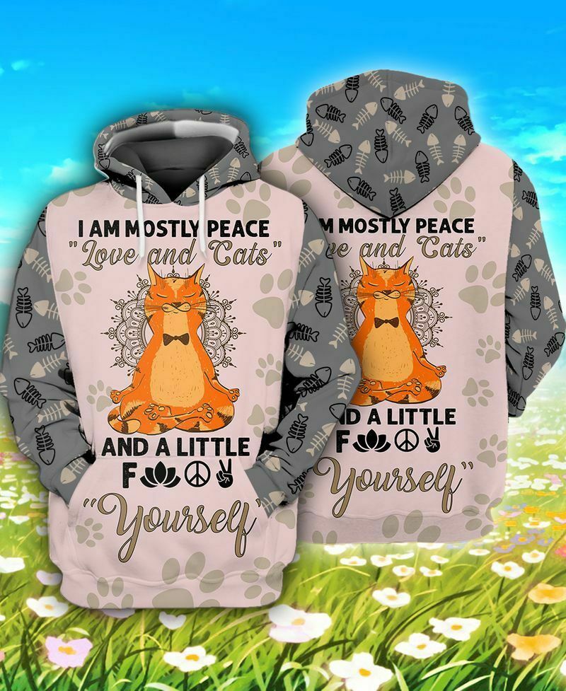 I Am Mostly Peace Loves And Cats 3D All Over Print Hoodie - 3D Hoodie - Light Pink