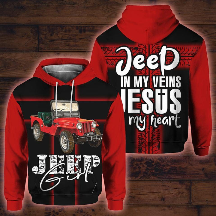 Jeep In My Veins Jesus In My Heart Jeep Girl All Over Print Hoodie - 3D Hoodie - Red