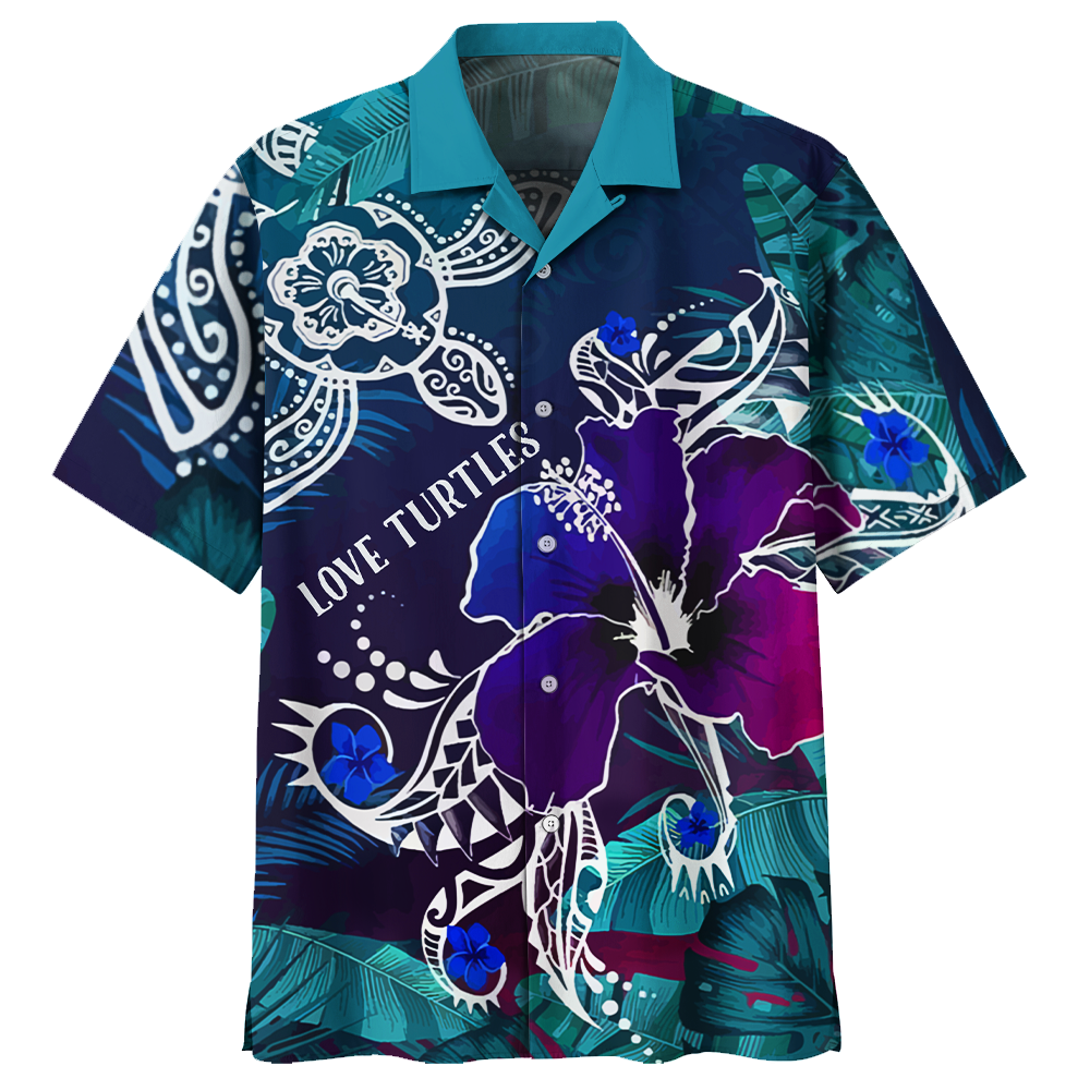 Love Turtle Tropical Flower Hawaiian Shirt - Short-Sleeve Hawaiian Shirt - Purple