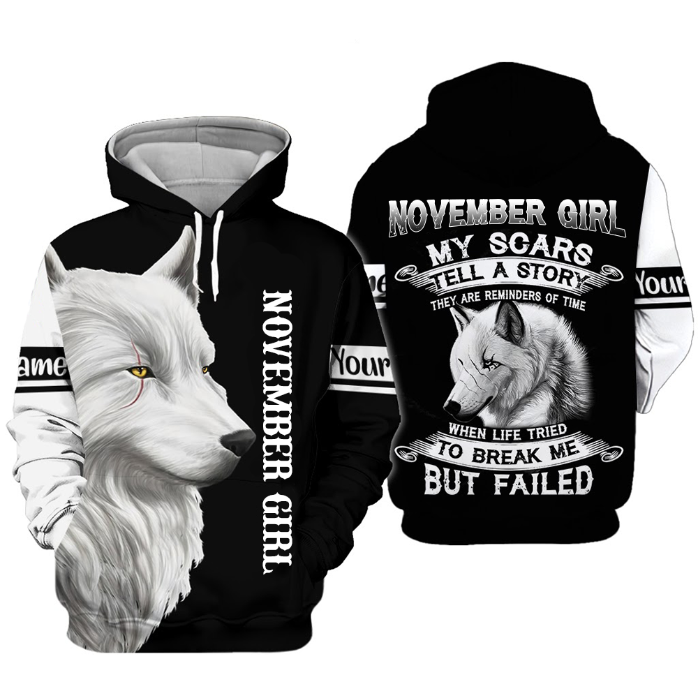 Personalized Name Wolf November Girl All Over Print 3D Hoodie - 3D Hoodie - Black
