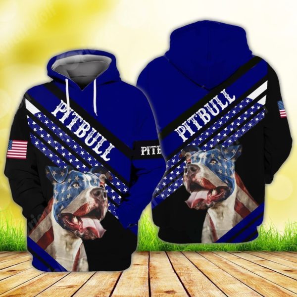 Pitbull 4th Of July Independence Day American Flag 3D Hoodie - 3D Hoodie - Blue