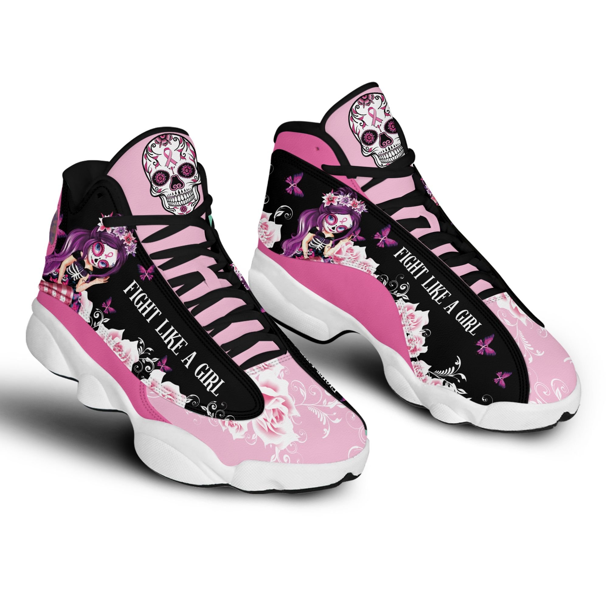 Skull Fight Like A Girl Breast Cancer Awareness Air Jordan 13 Shoes - Women's Air Jordan 13 - Pink