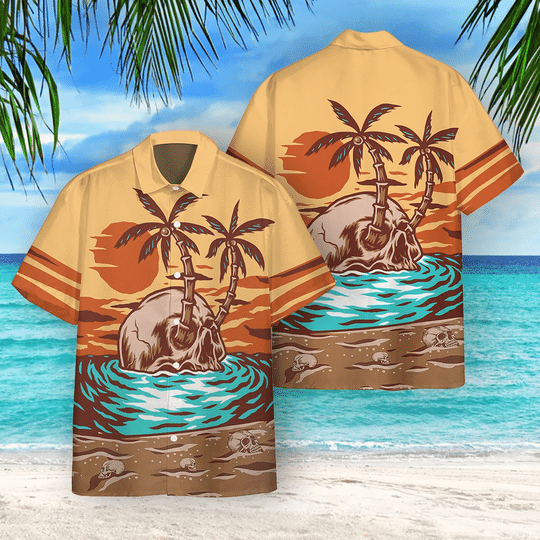 Sunset Skull Coconut Hawaiian Shirt And Beach Short - Hawaiian Shirt - Blue