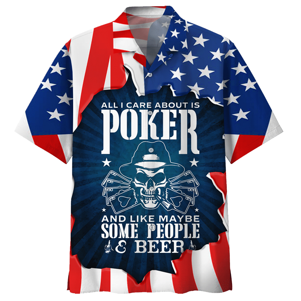 All I Care About Is Poker American Flag Hawaiian Shirt - Short-Sleeve Hawaiian Shirt - Navy