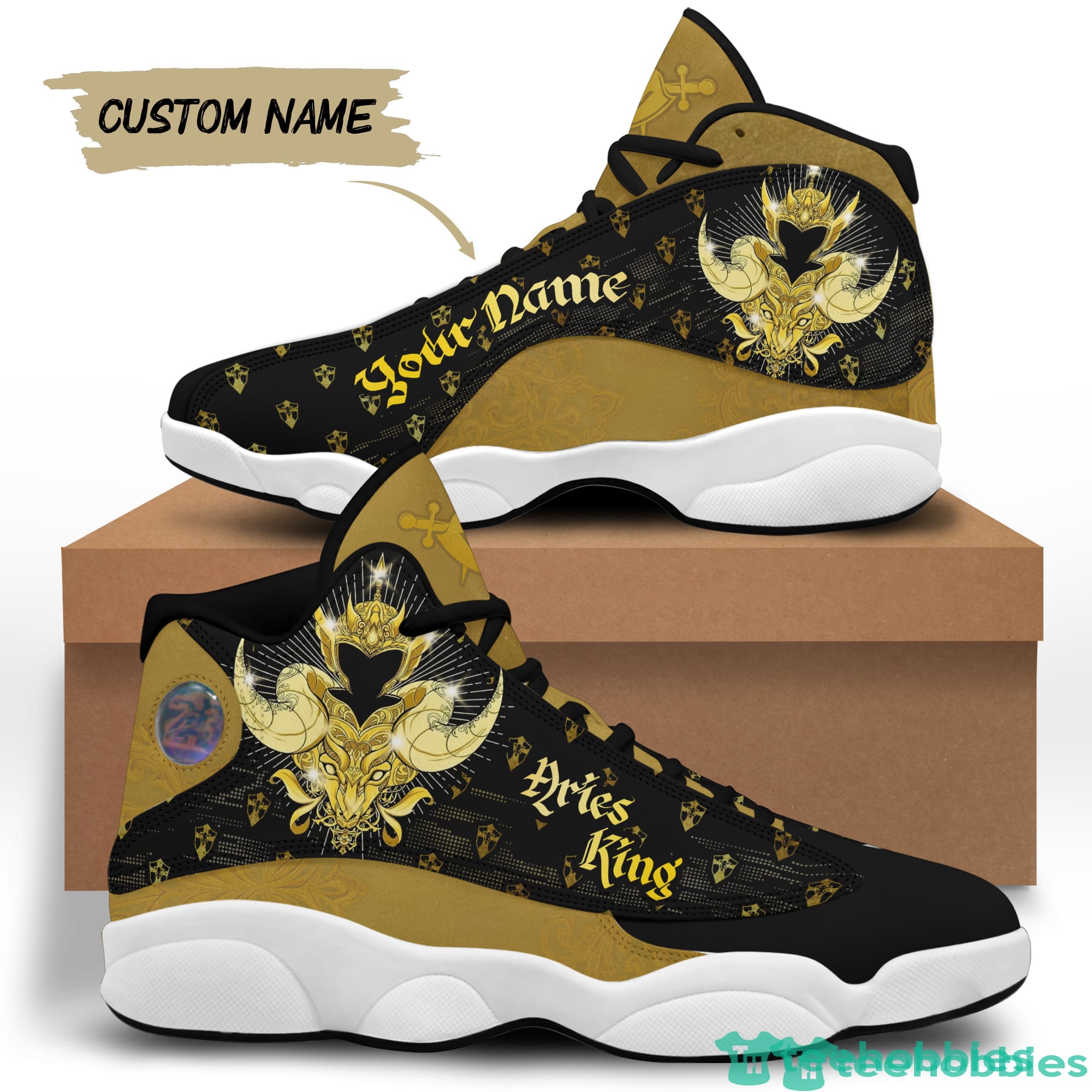 Aries King Birthday Gift- Golden Personalized Name Air Jordan 13 Shoes SKU-253