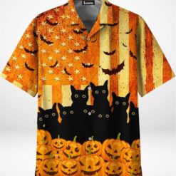 Black Cat Pumpkin Halloween Holiday Hawaiian Shirt - Short-Sleeve Hawaiian Shirt - Orange