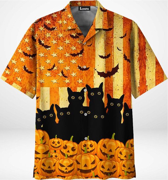Black Cat Pumpkin Halloween Holiday Hawaiian Shirt - Short-Sleeve Hawaiian Shirt - Orange