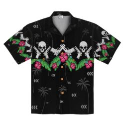 Black Skull And Short Gun Hawaiian Shirt - Short-Sleeve Hawaiian Shirt - Black