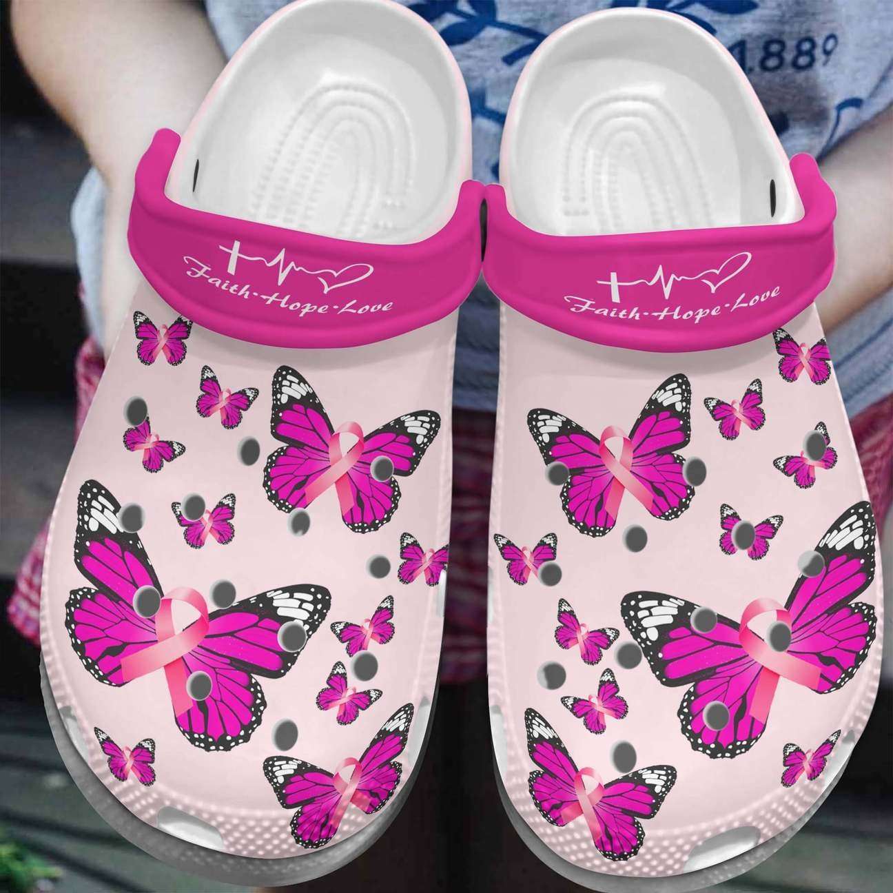 Butterfly Breast Cancer Awareness Christian Faith Hope Love Clog Shoes - Clog Shoes - Pink