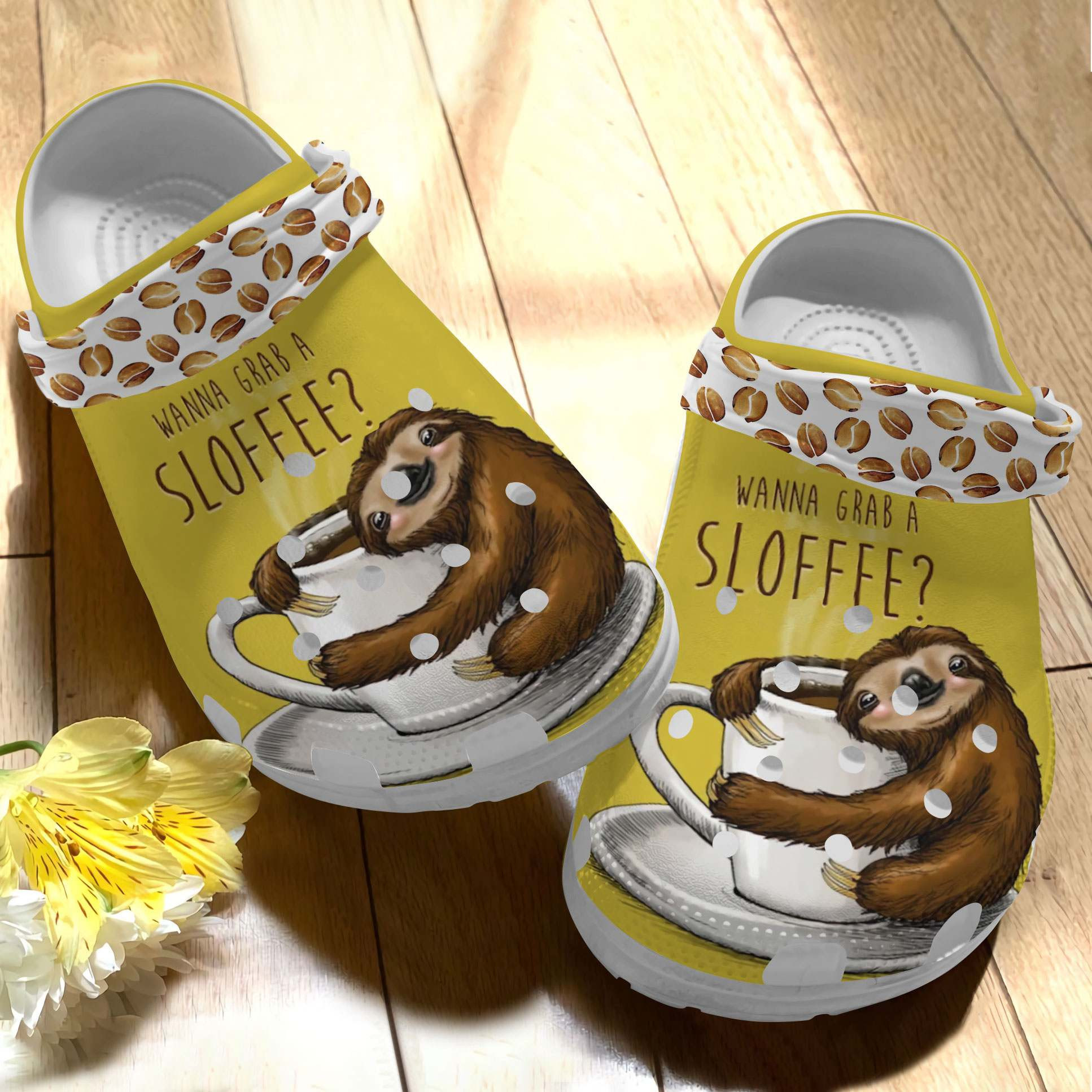 Cute Sloth Wanna Grab A Sloffee Clog Shoes - Clog Shoes - Yellow