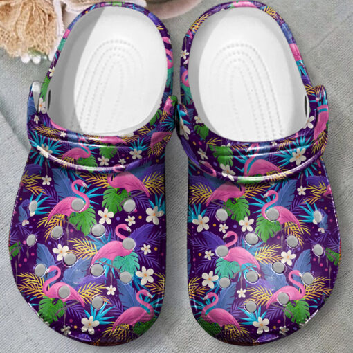 Floral Flamingo Tropical Flower Clog Shoes For Men And Women - Clog Shoes - Purple