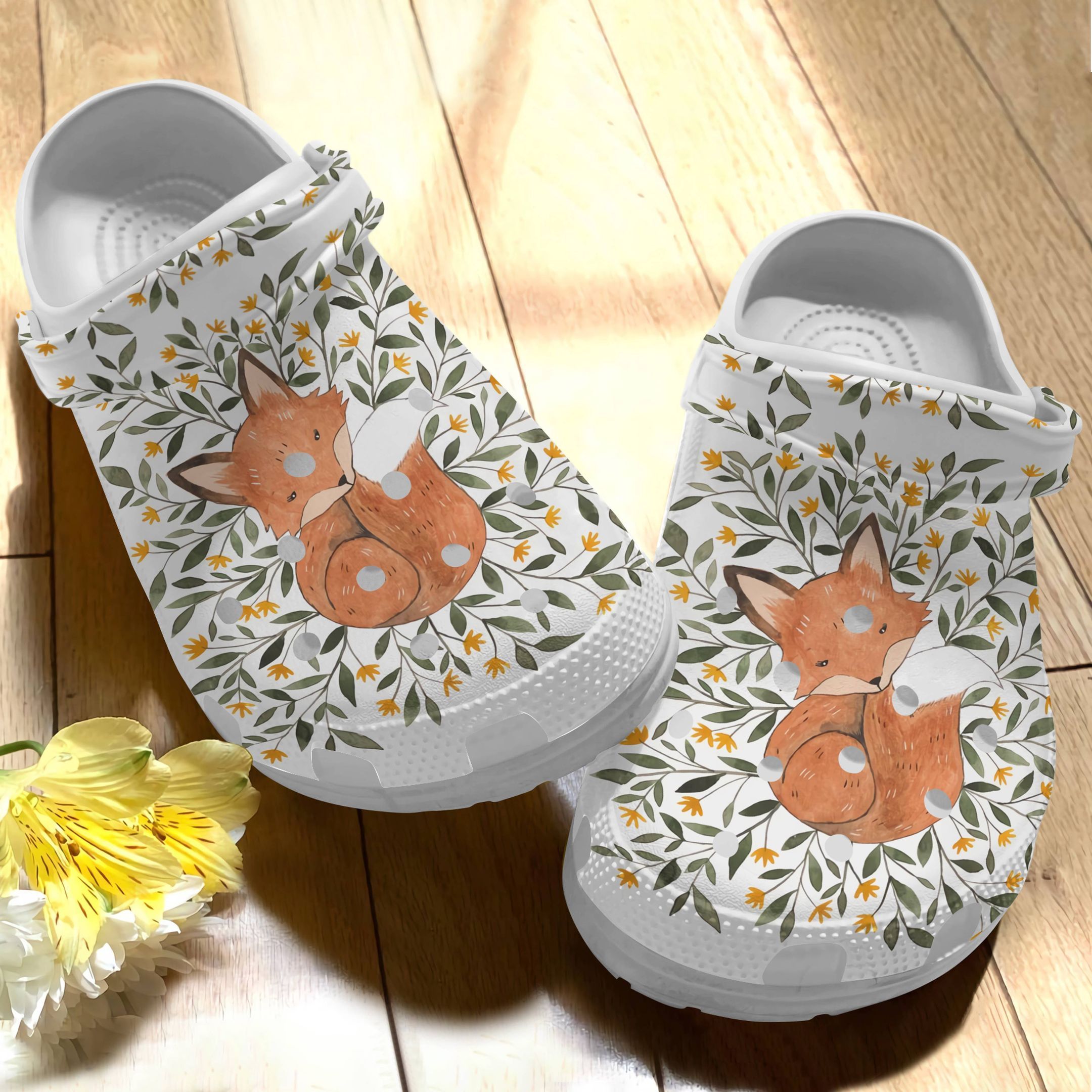 Fox Clog Vintage Fox And Flower Clog Shoes - Clog Shoes - White