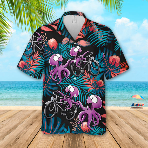 Funny Octopus Ride Cycling Hawaiian Shirt - Short-Sleeve Hawaiian Shirt - Black
