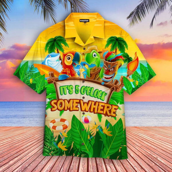Funny Summer Parrot It's 5 O'clock Somewhere Hawaiian Shirt - Short-Sleeve Hawaiian Shirt - Green