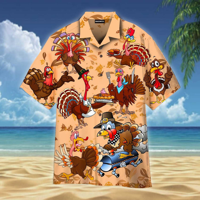 Funny Turkeys Thanksgiving Hawaiian Shirt style: Short-Sleeve Hawaiian Shirt, color: Brown