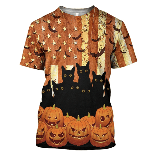 Happy Halloween Night Black Cat Pumpkin All Over Print T-Shirt Hoodie Zip Hoodie - 3D T-Shirt - Black