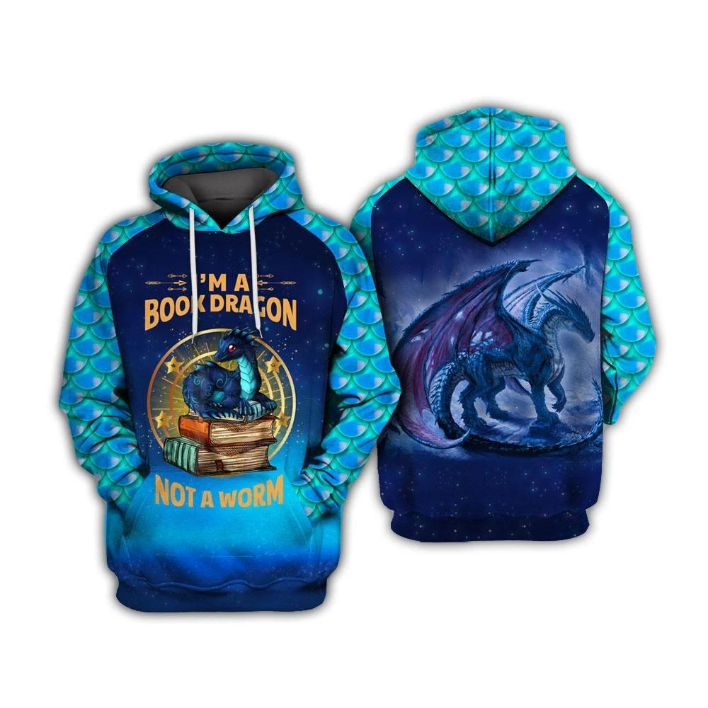 I'm A Book Dragon Not A Worm Book Lover All Over Print 3D Hoodie - 3D Hoodie - Blue