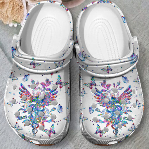Medical Symbol Butterfly Clog Shoes For Men And Women - Clog Shoes - White