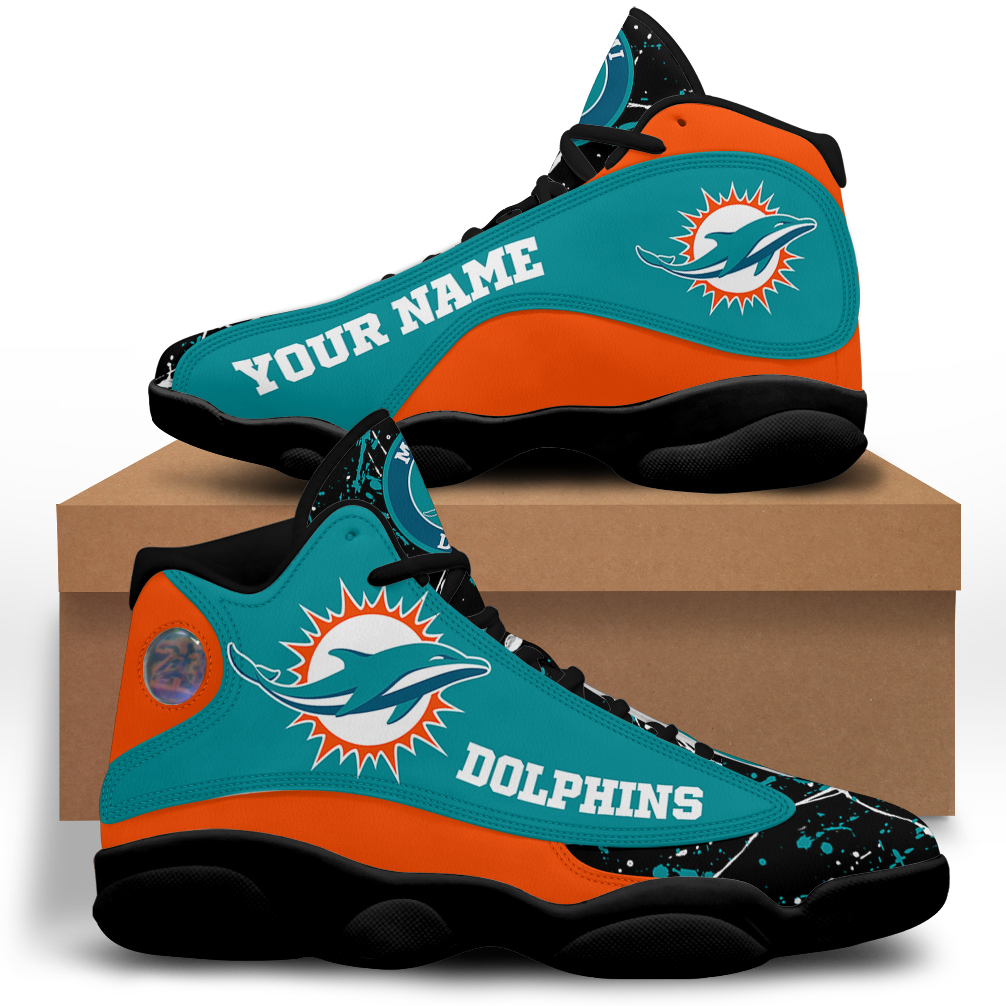 NFL Personalized Your Name Miami Dolphins Air Jordan 13 Shoes style: Women's Air Jordan 13, color: Black