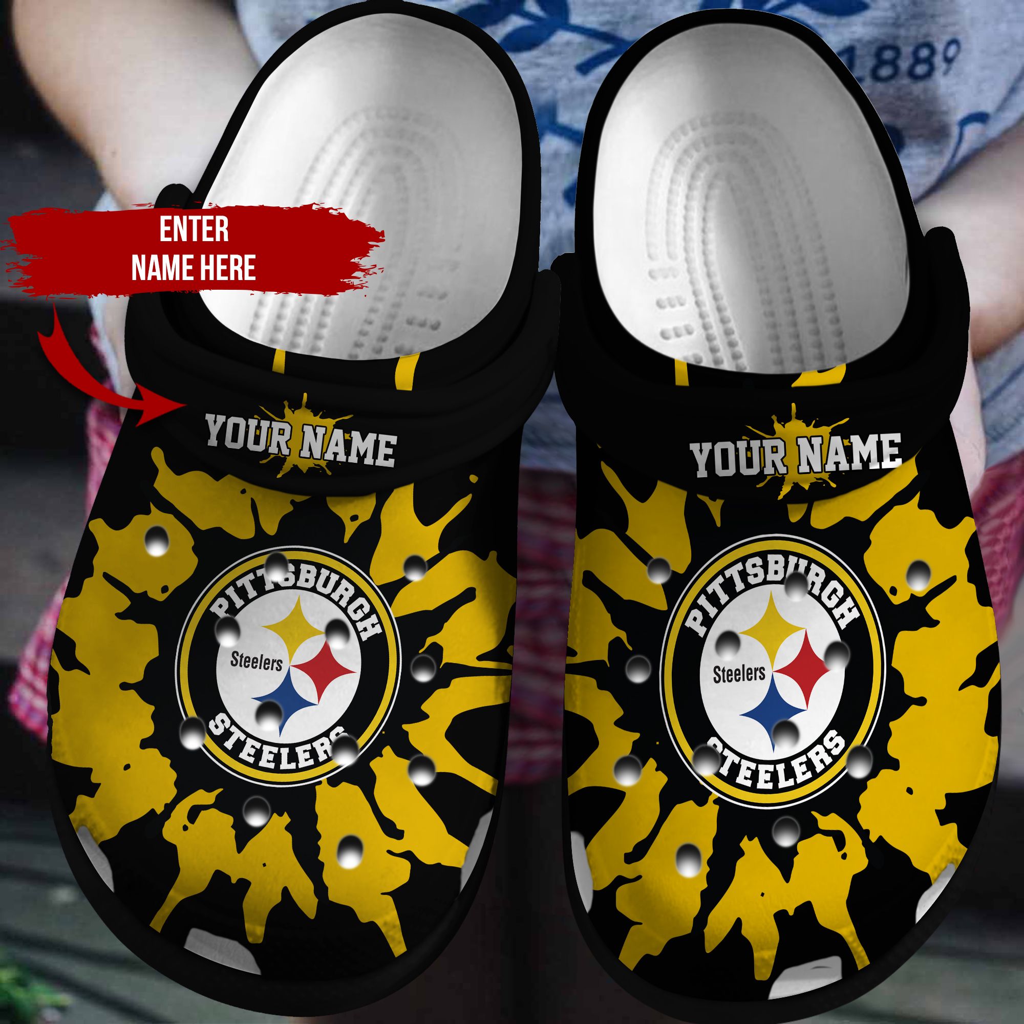 Personalized Name Pittsburgh Steeler Unisex Clog Shoes - Clog Shoes - Black