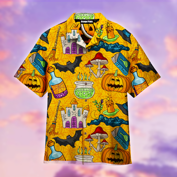 Pumpkin The Witch's Castle Halloween Hawaiian Shirt - Short-Sleeve Hawaiian Shirt - Orange