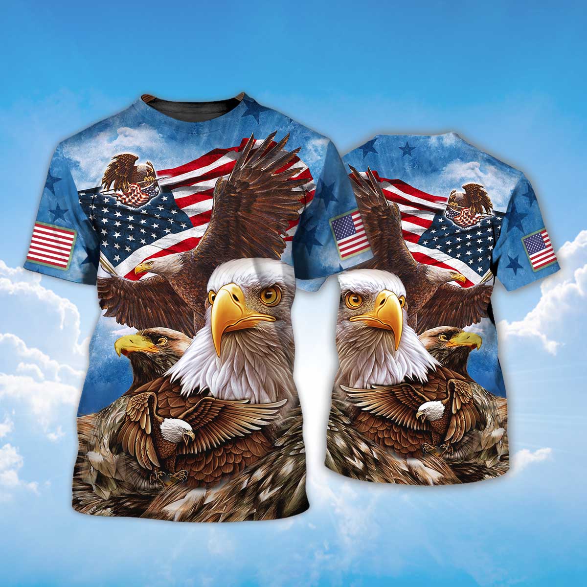 American Flag Flying Bald Eagle American Pride 3D T-Shirt - 3D T-Shirt - Blue