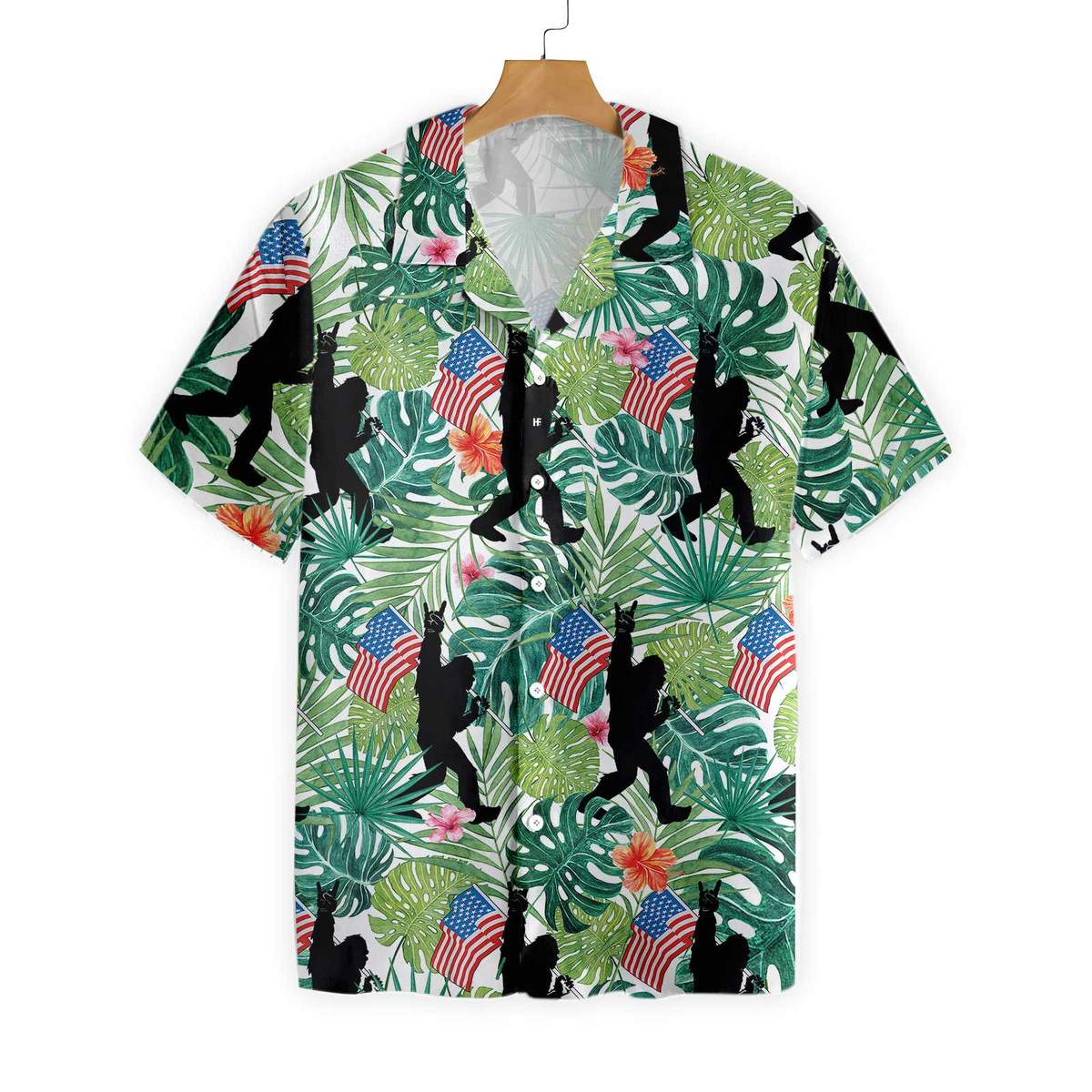 Bigfoot American Flag Hawaiian Shirt - Short-Sleeve Hawaiian Shirt - Black