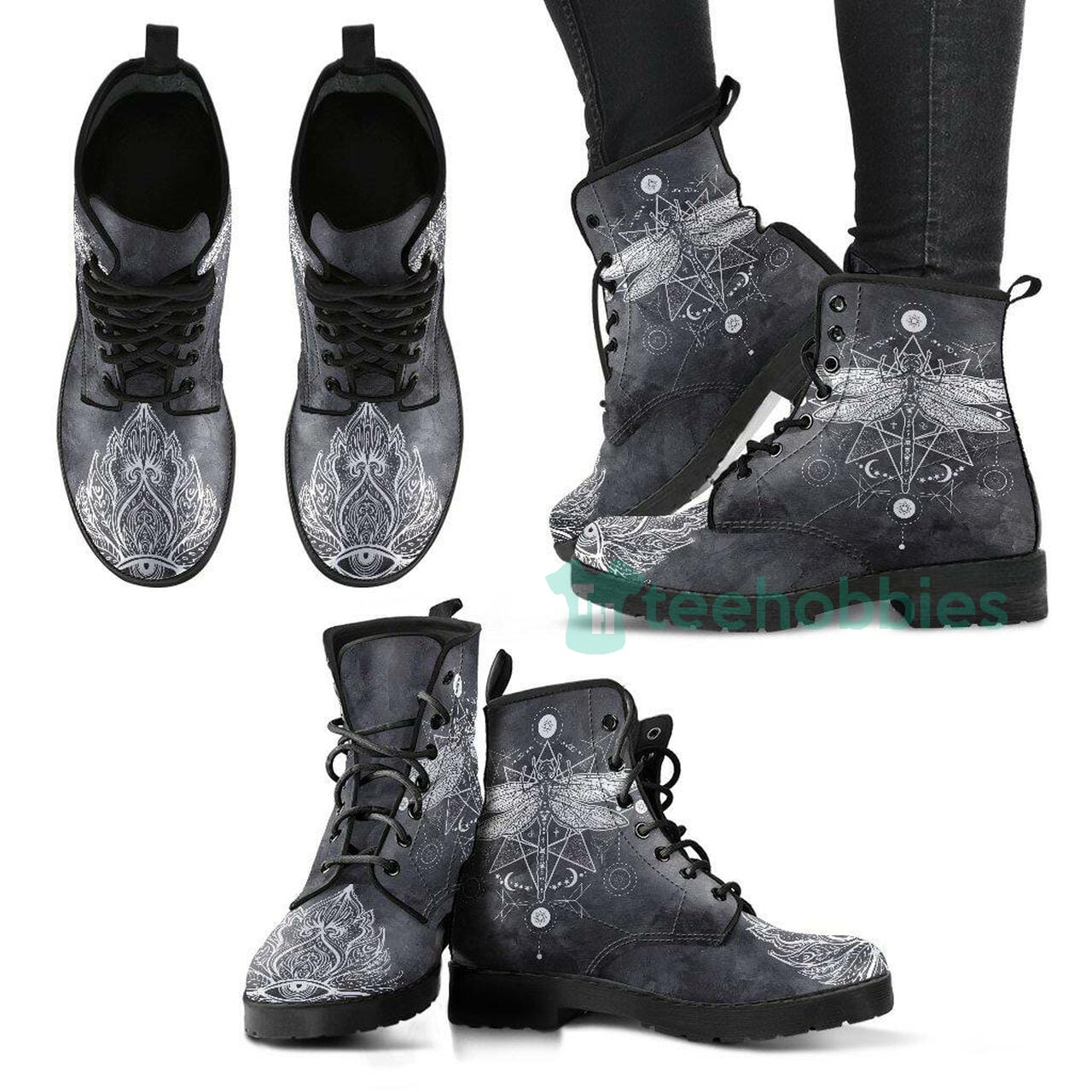 Dragonfly Lotus Handcrafted Leather Boots Fashion Shoes Product photo 1