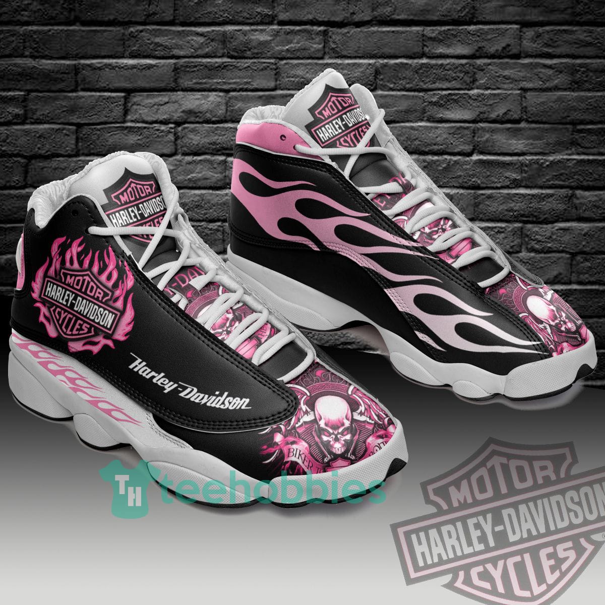 Harley Davidson Skull Pink And Black Air Jordan 13 Sneaker Shoes
