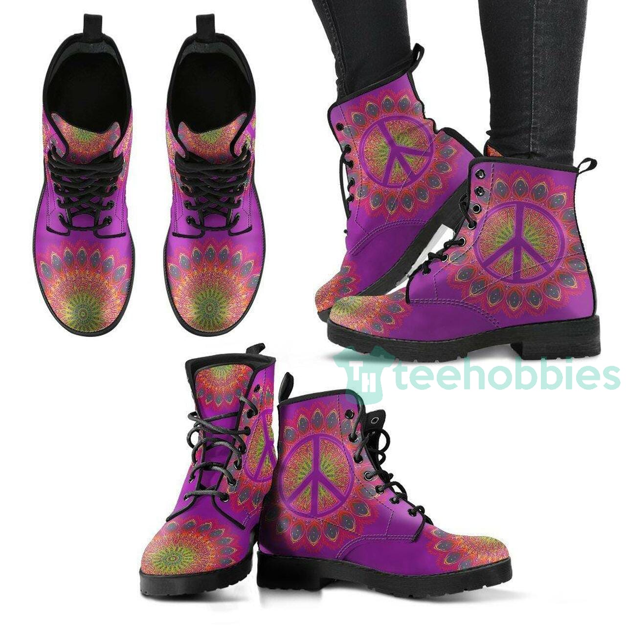 Peace Mandala Handcrafted Leather Boots Shoes Product photo 1