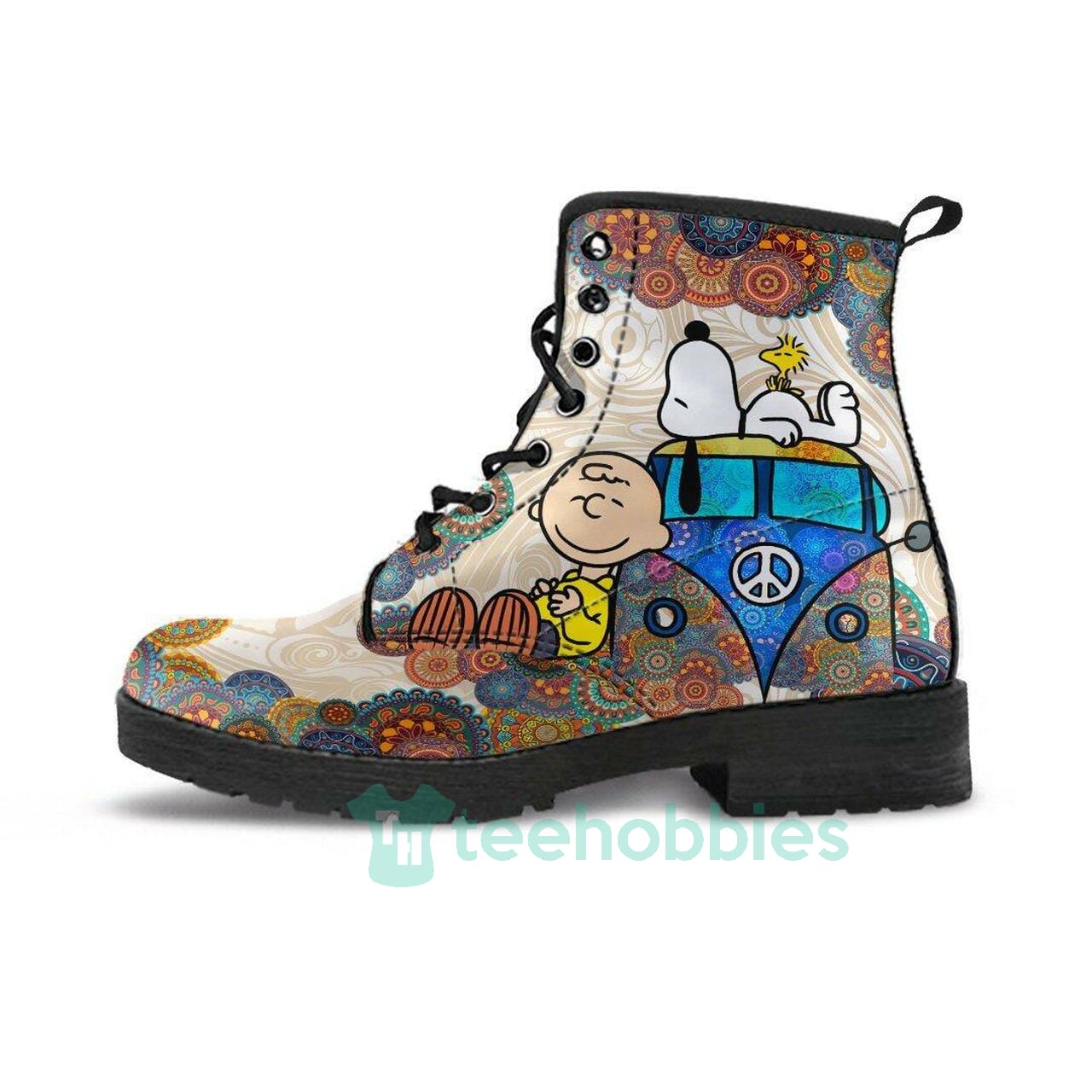 Snoopy On Vw Bus Leather Boots Shoes Product photo 1