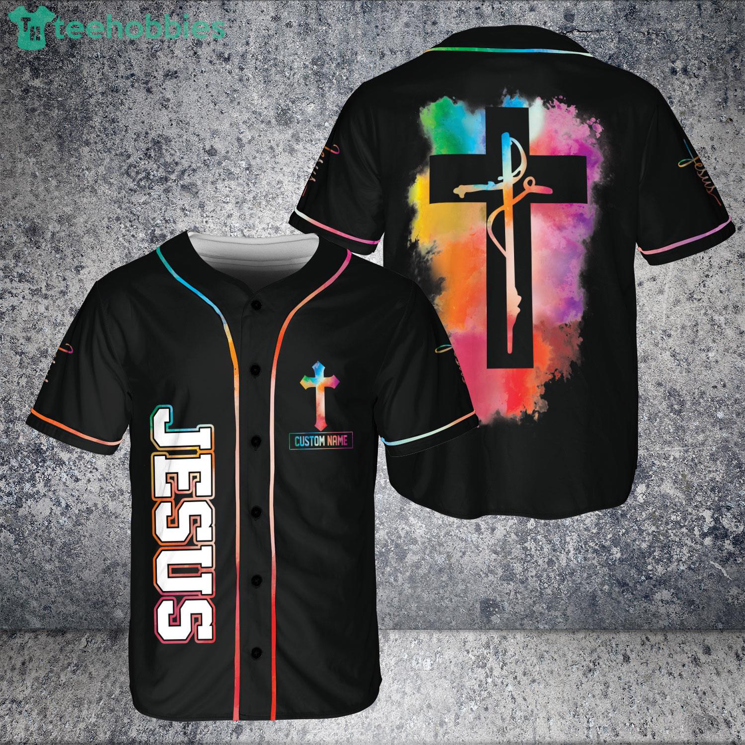 Custom Name God Tree Cross Jesus Colorful Jersey Baseball Shirt Product Photo 1
