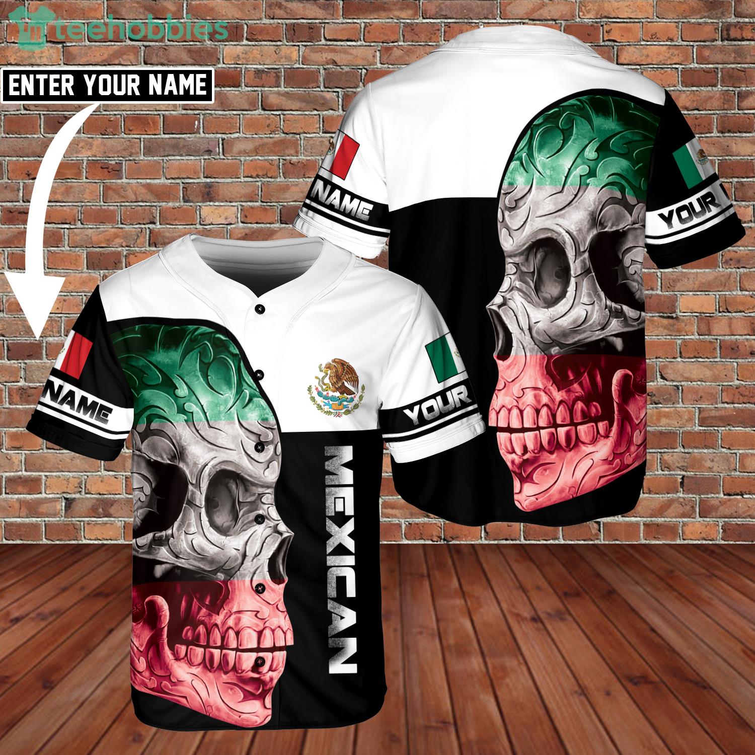 Custom Name Love Mexico Skull And Eagle Logo Jersey Baseball Shirt Product Photo 1