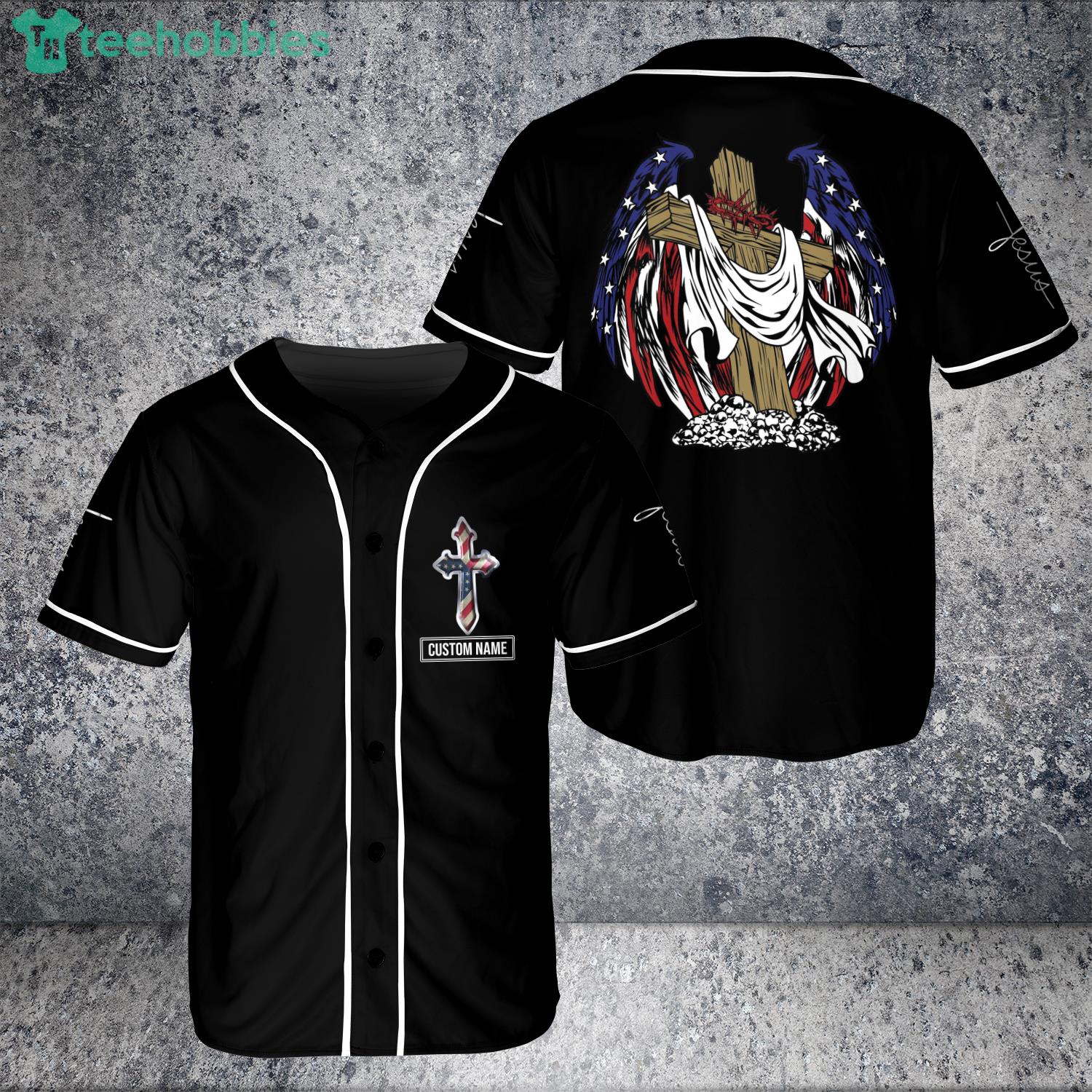 Custom Name My Savior American Flag Jesus Christian Angel Wings Jersey Baseball Shirt Product Photo 1