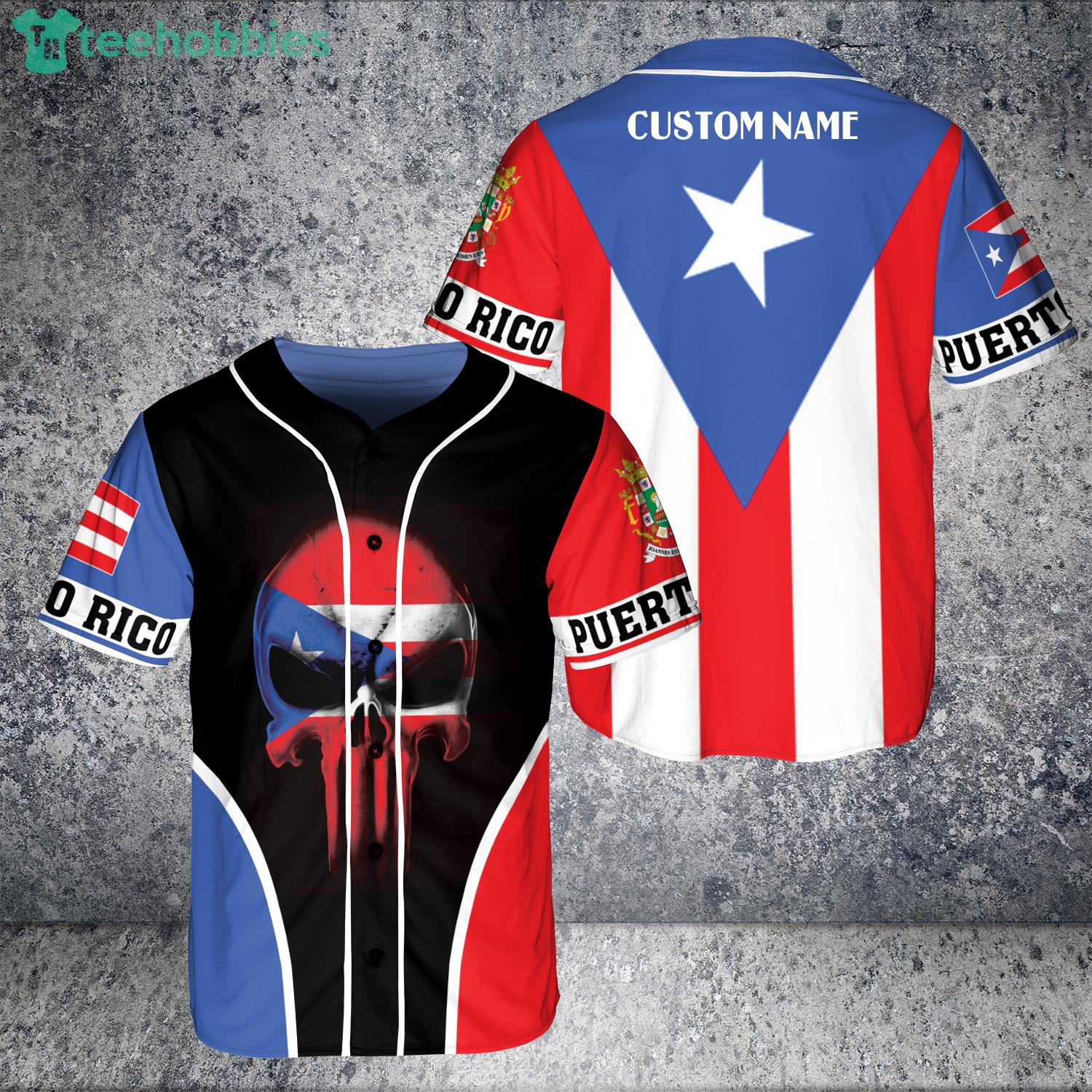 Custom Name Puerto Rico Skull And Flag Style Jersey Baseball Shirt Product Photo 1